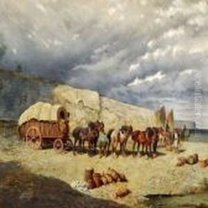 Coastal View With A Horse-drawn Carriage On The Beach,brittany by Alexander Ritter Von Bensa