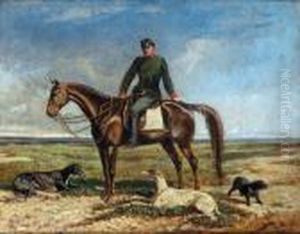 Ein Berittener Offizier Mit Seinen Hunden In Derungarischen Puszta