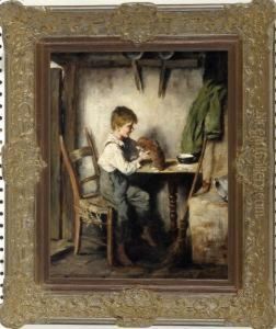 Die Verschuttete Milch - Bauernknabe Mit Hundewelpe Im Interieur by Carl Von Bergen