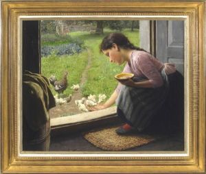 Essenszeit - Ein Junges Madchen Am Hauseingang Futtert Kuken Aus Der Hand by Carl Von Bergen