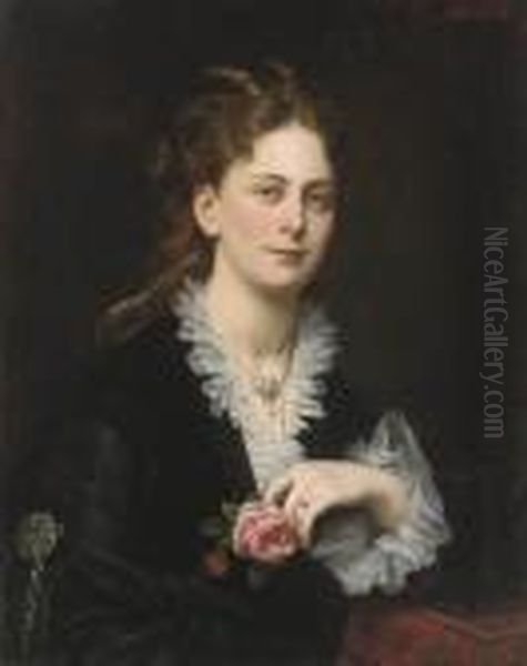 Portrait Of Antonie Freifrau Von Doblhoff, Bust-length, Holding Arose - view 1