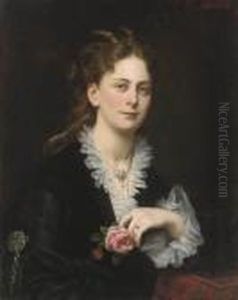 Portrait Of Antonie Freifrau Von Doblhoff, Bust-length, Holding Arose by Carl Von Blaas