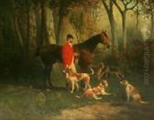 Vor Einer Sonnenbeschienenen
Waldlichtung Stehender Parforcejager Mit Seinem Pferd, Umringt Von
Seiner Hundemeute. Unten Rechts Signiert Julius Blaas by Julius von Blaas