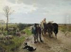 A Farmer And A Shepherd Meeting On A Country Road by Gregor Von Bochmann