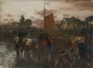 Landschaft Mit Bauern Am Kanal by Gregor Von Bochmann