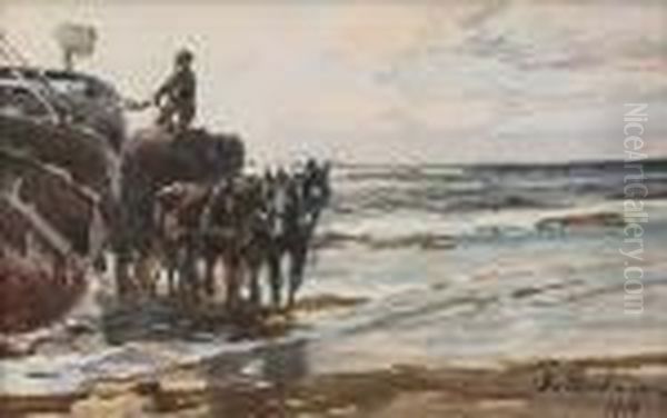 Strand Mit Pferdefuhrwerk Neben Fischerboot - view 1