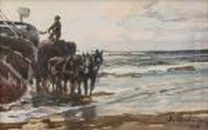 Strand Mit Pferdefuhrwerk Neben Fischerboot by Gregor Von Bochmann