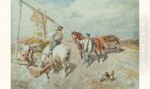 Paysans Et Leurs Chevaux A L'abreuvoir by Gregor Von Bochmann