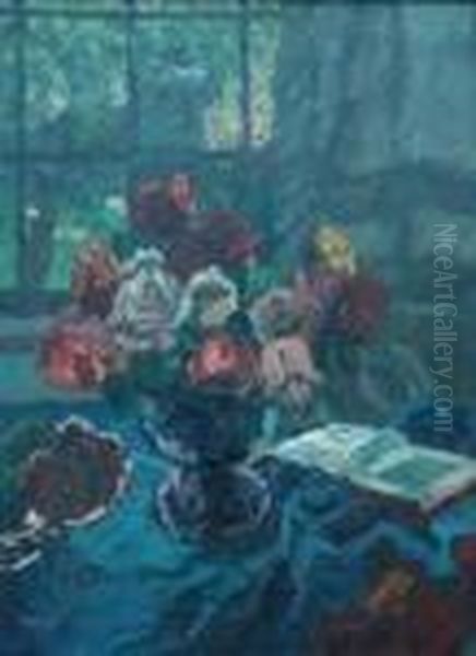 Interior. A Bouquet Of Roses In A
Blue Vase On A Salon Table. Signed Lower Left: A.v. Brandis - view 1