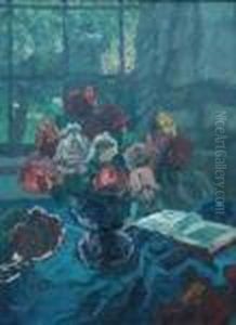 Interior. A Bouquet Of Roses In A
Blue Vase On A Salon Table. Signed Lower Left: A.v. Brandis by August Von Brandis