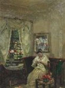 Interior Of A Parlour With A Lady On A Sofa