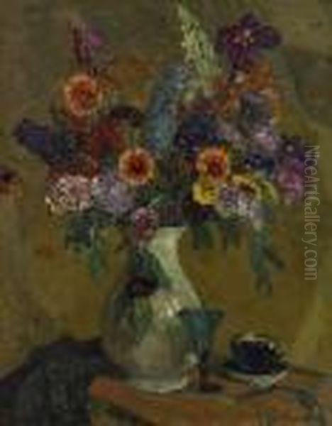 Still Life With Summer Flowers In A Vase As Well As Jugs, Draped On A Table - view 1