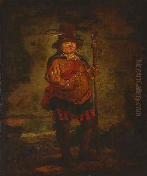 Portrait of a peasant man, standing full-length, wearing a pleated orange doublet and holding a spear - view 1