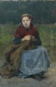 Jeune Femme Cousant Dans Un Paysage by Vaclav Brozik