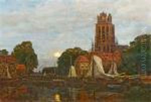 Mondaufgang Uber Dem Hafen Von Doordrecht. Im Hafenbecken Ankernde Segelboote