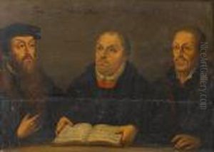 Portrait Of Martin Luther,
Half-length, Holding A Book With Two Other Gentlemen In Black Costume by Lucas The Elder Cranach