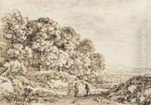 Bewaldete Hugellandschaft Mit Drei Personen by Georg Maximilian Johann Von Dillis