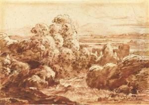 An Extensive Landscape With A River Flowing Between Trees, Distantmountains Seen Beyond by Georg Maximilian Johann Von Dillis