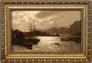 Norwegische Fjordlandschaft Mit Schiffen Im Abendlicht by Themistocles Von Eckenbrecher
