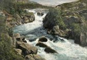Norwegische Landschaft Mit Wasserfallen Und Hausern by Themistocles Von Eckenbrecher