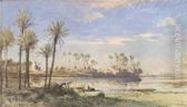 Eckenbrecher, Themistokles Von .
 Nile Landscape. Watercolour And Gouache On Paper, Mounted On Carboard, 
Monogrammed, Inscribed "memphis" And Dated "dec. 81", Verso On The 
Framing Old Stamps Of The Estate Of "t. Ii. Von Eckenbrecher" - view 1