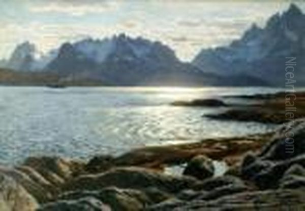 Abendstimmung Mit Dampfer An Der Wasserstrase Raftsund Zwischen Lofoten Und Vesteralen - view 1