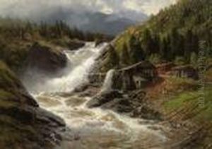 Norwegian Waterfall With Saw Mill.