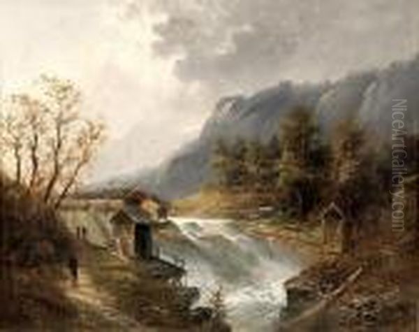 Skandinavische Landschaft Mit Sagewerk Am Wehr - view 1