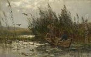 Entenjagd Im Schilf. by Themistocles Von Eckenbrecher