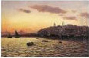 Boats Passing The Waterfront Of Karakoy Below The Galata Tower, Constantinople