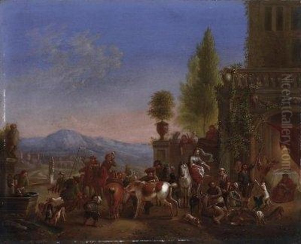 Homecoming From The Hunt.
Horsemen, Servants And Maidens In Front Of The Palace. With Monogram
Left On The Well: Cvf F - view 1