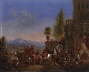 Homecoming From The Hunt. 
Horsemen, Servants And Maidens In Front Of The Palace. With Monogram 
Left On The Well: Cvf F