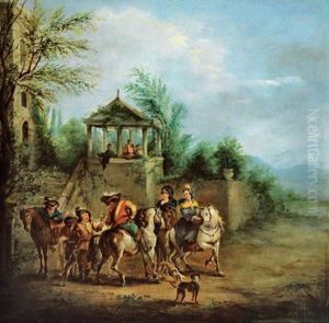 Cavalieri In Sosta Davanti Al Padiglione Di Un Parco by Carel van Falens or Valens