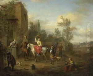 Rastende Jagdgesellschaft Bei Einem Bauernhaus. by Carel van Falens or Valens