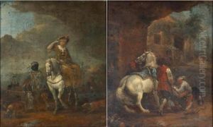 A Lady Hawking With Her Moorish Servant;
A Horse Being Shod In A Blacksmiths by Carel van Falens or Valens