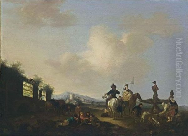 A Landscape With Horsemen,
Figures And Dogs Gathered Around A Fountain, A Village In The Distance - view 1