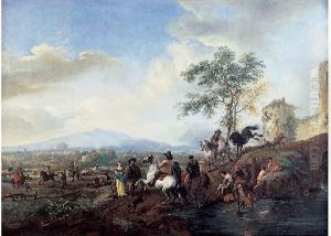 Cavaliers, Baigneurs Et Promeneurs Au Bord De La Riviere