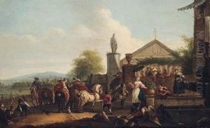 A Hunting Party Halting By A Fountain Outside A Villa by Carel van Falens or Valens