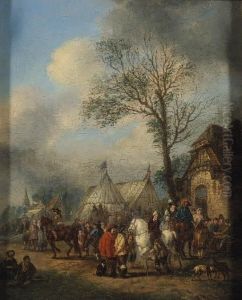 An Elegant Hunting Party About To Depart; And Horsemen And Otherfigures Before An Inn by Carel van Falens or Valens