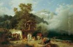 Gebirgslandschaft Im Kaukasus Mit Reicher Figurenstaffage.