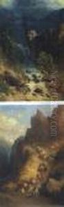 Wasserfall Im Gebirge (#) Kamelkarawane Im Gebirge by Paul Von Franken