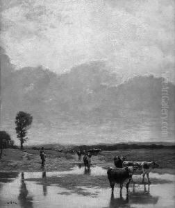 "kuhe An Der Tranke". Sign by Josua Von Gietl