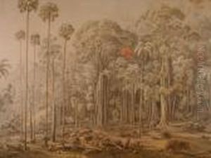 Woodcutters In A Forest Clearing, Stylised Birds In A Jungle Clearing by Eugene von Guerard