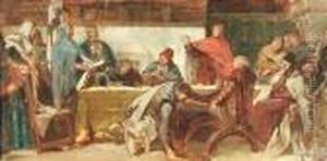 The Council At Constance 
1414/1418. Oil/canvas/cardboard, Verso On The Cardboard Old Label Of The
 Art Dealer Alfred Hirrlinger, Stuttgart, With Inscription