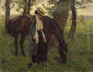 Reiterin Mit Grasendem Pferd Unter Baumen by Hans von Hayek