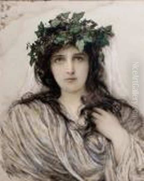 Head And Shoulder Portrait Of A
Young Lady With Flowing Blacklocks And Wearing A Wreath Of Ivy On Her
Head - view 1