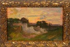 Weite Landschaft Mit Orangerotem Abendhimmel