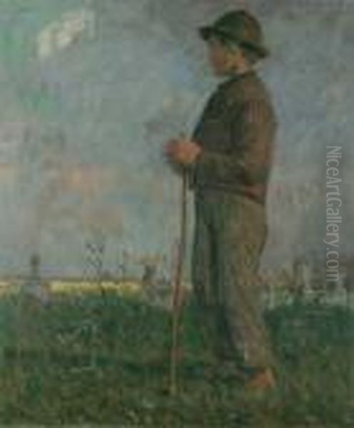Der Gansejunge. Ol Auf Leinwand.
 H 120; B 100,5 Cm. Verso Und Auf Dem Rahmen Klebezettel Der Grosen 
Berliner Kunstausstellung Von 1897 Mit Dem Namen Des Kunstlers Und Dem 
Bildtitel. - view 1