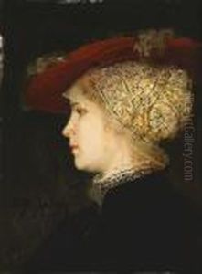 A Portrait Of A Young Woman In Profile With A Red Hat