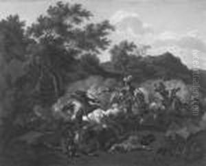 Nachtstuck - Gefecht - Hirtin Mit Herde by Wilhelm Alexander W. Von Kobell